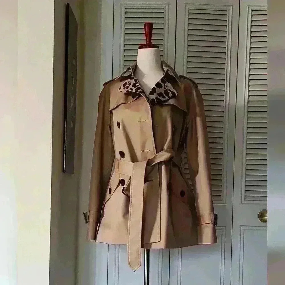 NWOT Coach Khaki and Leopard Belted Short trench coat size xs - Picture 3 of 17